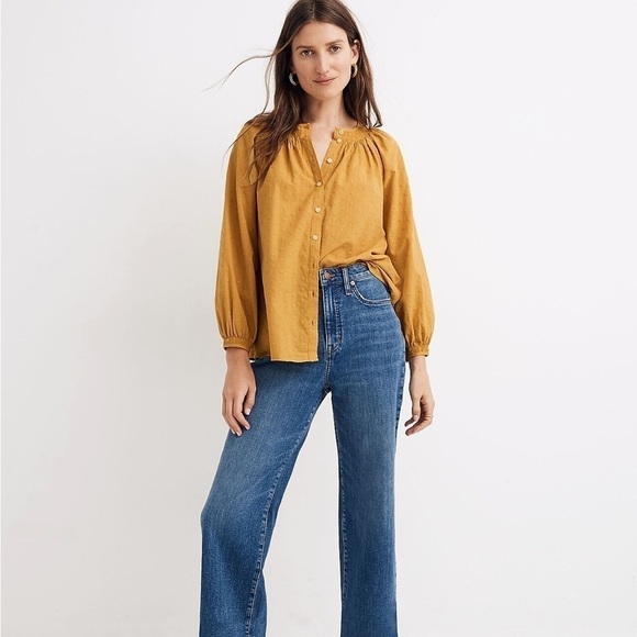 Madewell Floral Embroidered Smocked-Neck Raglan Top - Picture 1 of 13